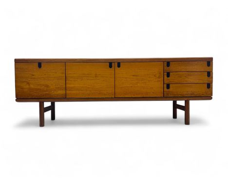 White & Newton - mid-20th century teak sideboard, rectangular top with raised back over fall-front storage compartment, doubl