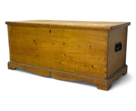 Late 19th century stripped pine blanket box, rectangular hinged lid enclosing main compartment with fitted candle box, wrough