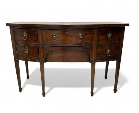 George III mahogany bow-fronted sideboard, mahogany banded top over three drawers and cupboard, fitted with lion mask and hoo