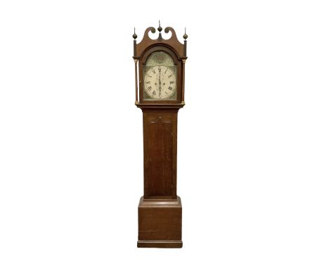 Early 19th century oak cased eight-day longcase clock c1810 - with a swan necked pediment and three matching brass finials, b