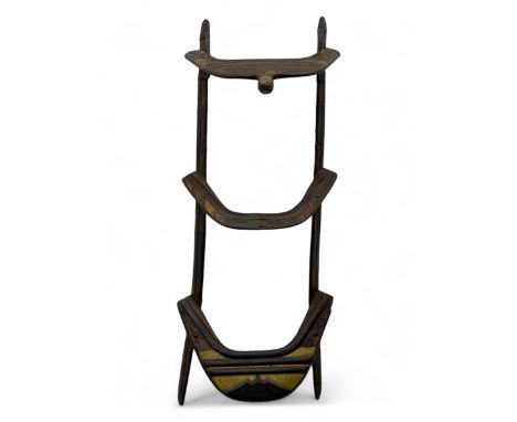 Late 19th to early 20th century hardwood and metal mounted camel saddle Dimensions: Height:&nbsp;37cm&nbsp; Length/Width:&nbs