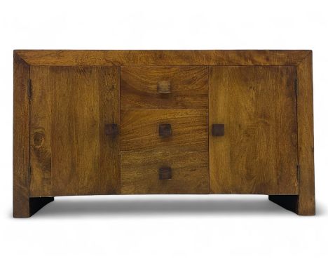 Contemporary Dakota mango wood sideboard, plain rectangular top over three central drawers flanked by cupboards with shelving