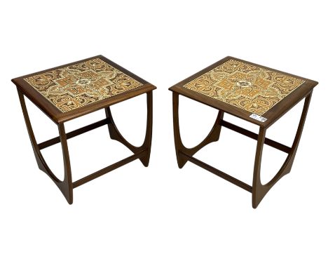 G-Plan - pair of mid-20th century 'Astro' teak occasional tables, each with square top inset with four ceramic tiles displayi