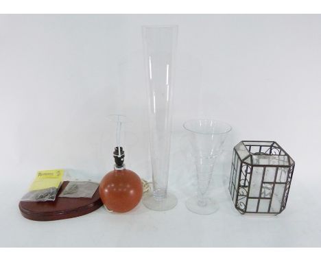 Assorted glassware, glass vase, Whitakers Gin over-sized glass, terracotta table lamp, bullet belt, ear defenders, gun slip&n