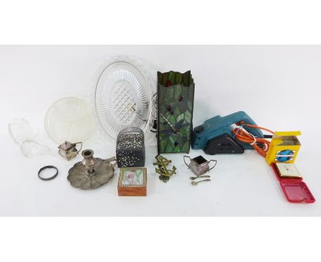 Two boxes of assorted glassware, Tiffany-style lamp and Black &amp; Decker electric plane&nbsp;(3 boxes)
