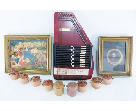 Assorted framed prints, zita, lidded terracotta small pots, a Habana wooden cigar box, a clockwork locomotive&nbsp;(poor cond