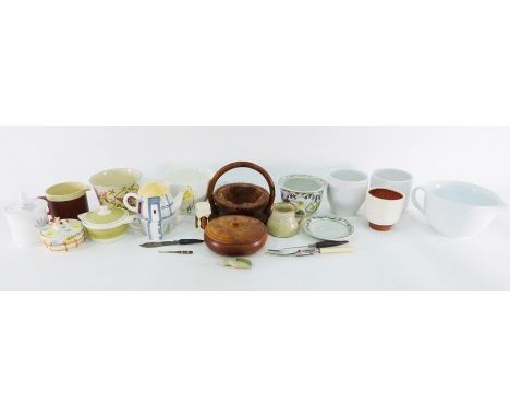 Various ceramic pots, vases, Hornsea storage jar, glass plate, assorted glassware, tea towels, linen, vintage handbags, vinta