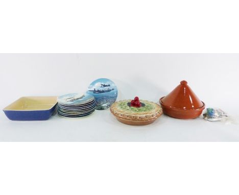 Serving dish, a tagine, a set of 10 Seriesware plates&nbsp;'Heroes Over Home Territory' featuring aeroplanes, a ceramic lidde