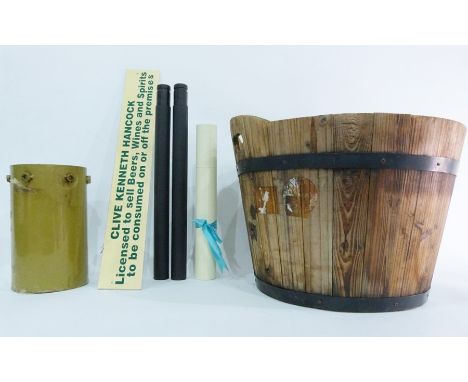 Half-barrel wooden and metal banded planter&nbsp;and&nbsp;a shop sign&nbsp;'Clive Kenneth Hancock, Licensed to Sell Beers, Wi