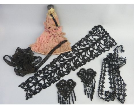 A Victorian French jet bead mounted costume panel, of tapering form, 71cm long, two lengths of similar French jet bead mounte