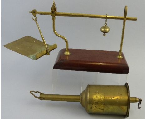 A set of Avery brass beam scales, with removable square pan and mahogany oblong base, 42cm wide and a Victorian brass roastin