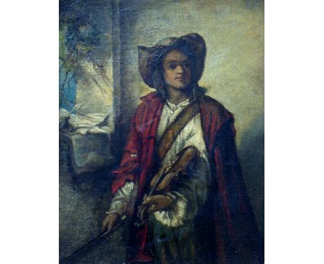 19th Century Continental School, three quarter length portrait of man holding a violin and bow, unsigned oil on board, 23.5cm