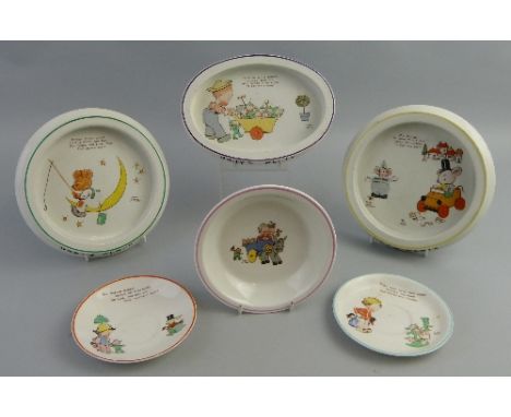 Six items of Shelley Mabel Lucie Attwell nursery ware, comprising two baby's circular plates, 20.5cm diameter, a baby's oval 