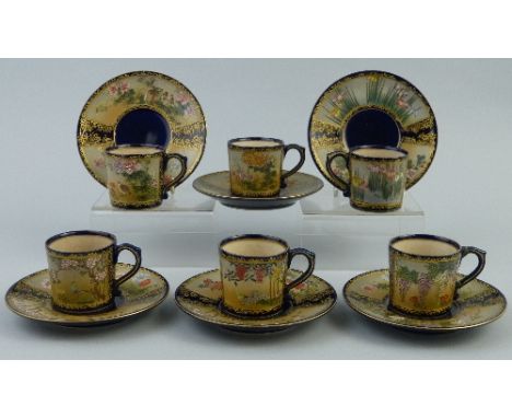 A set of six Japanese Satsuma coffee cans and saucers, each painted, enamelled and gilded with different panels of birds and 