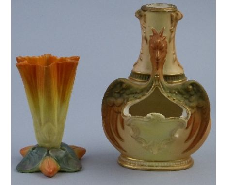 A Royal Worcester vase, in the form of a wall fountain of flask shaped form moulded with a grotesque bird on a blush ground, 