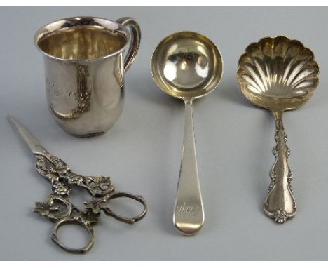 A George III sauce ladle, Old English pattern with circular bowl, monogrammed, 18cm long, London 1809, an initialled continen