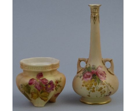 A Royal Worcester vase, of lobed hexagonal form with key pattern rim, painted and gilded with flowers and leaves on a blush g