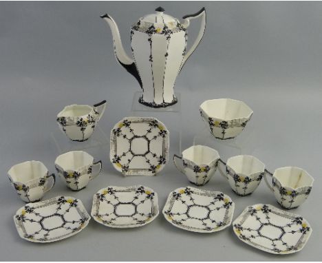 A Shelley Queen Anne shape part coffee set, in the "Sunset & Tall Trees" pattern, number 11479, comprising coffee pot and cov
