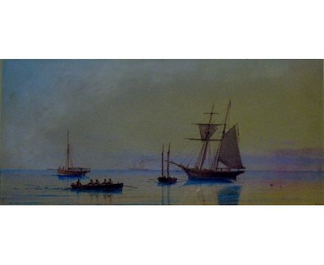 William Frederick Settle (1821 - 1897), estuary scene with becalmed sailing vessels, rowing boats and steamer, monogrammed wa