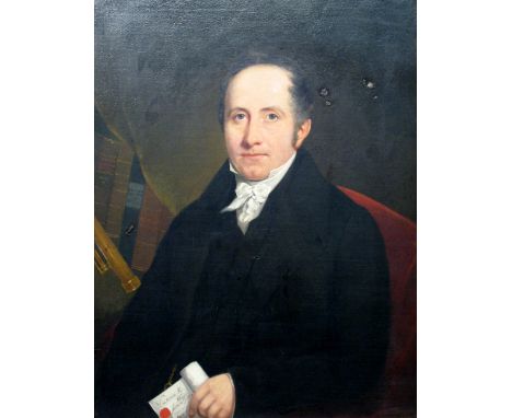 Edward Davis (19th Century), half length portrait of a gentleman seated holding a document, a telescope and books behind, sig
