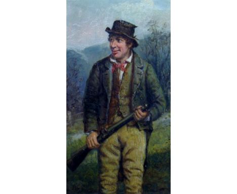 Late 19th/early 20th Century School, three quarter length portrait of a poacher standing holding a gun in a landscape scene, 