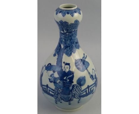 A Chinese vase, of gourd shaped form painted in blue and white with a continuous scene of children playing in a garden, under