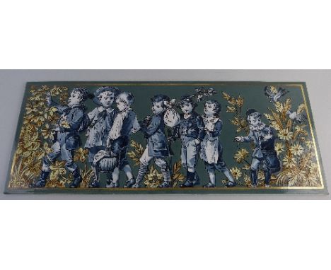 A large continental tile, of oblong form moulded with a procession of young boys walking amongst foliage and flowers and carr