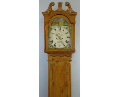 A longcase clock, the eight day movement having painted arched dial inscribed Wm Sloan, Ballymena with subsidiary seconds dia