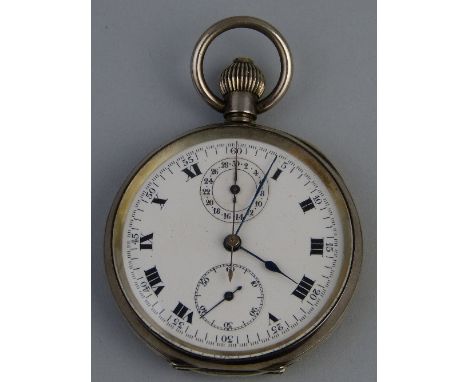 A chronograph pocket watch, the top wind movement having white enamelled dial with subsidiary dials and stop watch, Arabic an