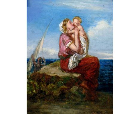 19th Century Continental School, mother and child seated on a rock close to the sea, a fisherman behind, indistinctly signed 