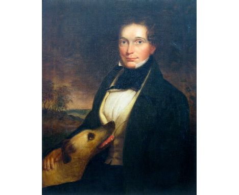 Early 19th Century English School, half length portrait of a man seated with his dog, unsigned oil, 90.5cm x 72cm, gilt frame