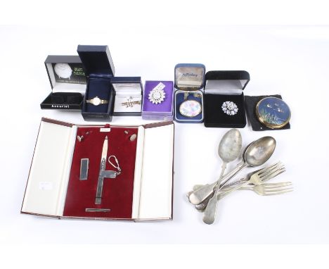 An assortment of jewellery and collectables. Including a pair of silver cufflinks, brooches, an Accurist ladies watch, flatwa