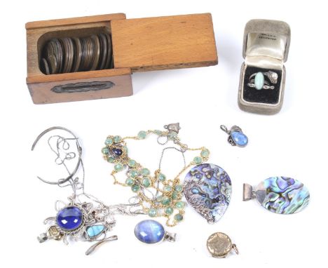 A collection of early 20th century and later costume jewellery including a rolled-gold round locket. Engraved with flowers an