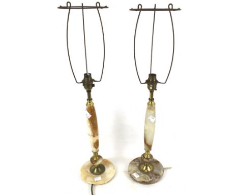 A pair of 20th century lamp bases. With marble and brass stands, mounted on circular bases, H40cm (excluding fittings)