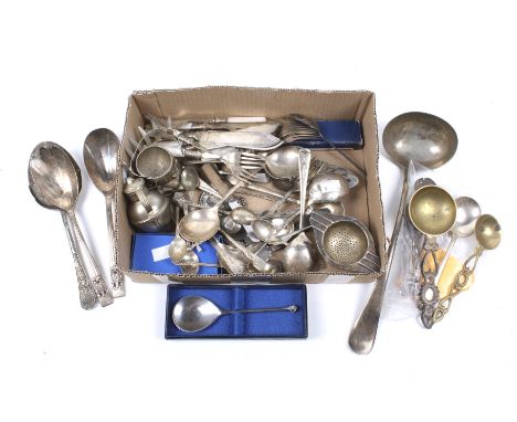 An assortment of silver and plated items. Comprising a pair of silver butter knives; a silver old English pattern tea spoon, 