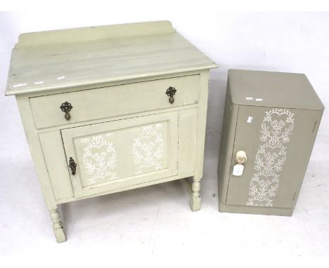 Two painted wooden cabinets. One with a single drawer over a panelled door, raised on turned and block supports, H68cm x W74.