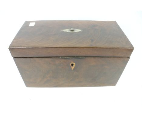 A late 19th/early 20th century mahogany tea caddy. With an inlaid escutcheon and white metal handle to the top, containing a 