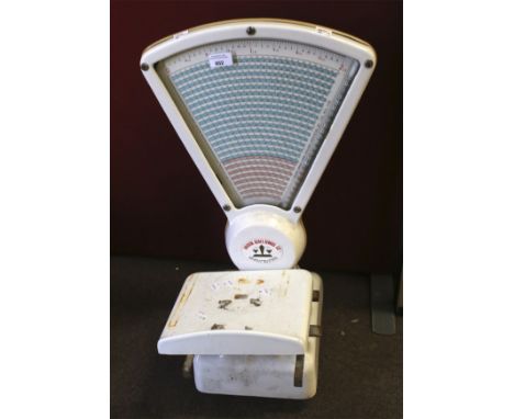 A set of vintage white enamel scales. H65cm