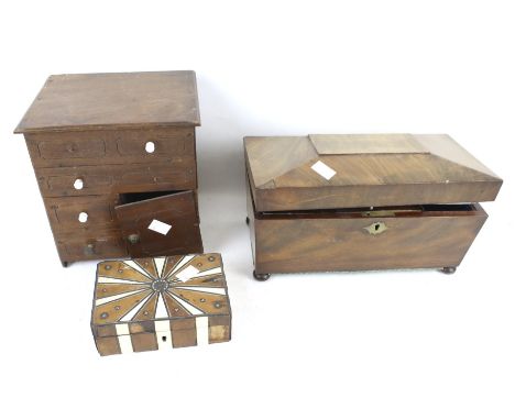 A 20th century tea caddy and two boxes. The tea caddy of sarcophagus form, raised on bun feet, H17.5cm, one of the boxes with
