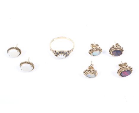 A selection of contemporary jewellery. Comprising a 9ct gold, oval white-opal and small pale-blue sapphire oval cluster ring;