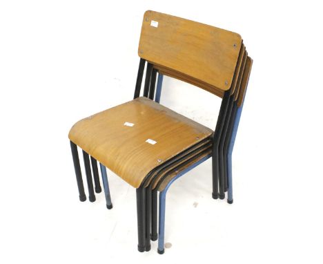Four vintage stacking classroom chairs. With metal frames and wooden seats and back rests, H58cm