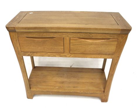 A JB Global contemporary oak hall table with two drawers. With two drawers over an open shelf, raised on bracket supports, H7