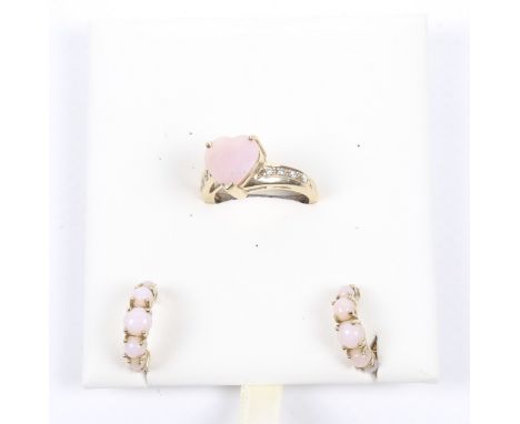 A Gems TV 9ct gold, 'pink opal' heart-shaped single stone ring and a pair of earrings. The ring with small diamond four stone