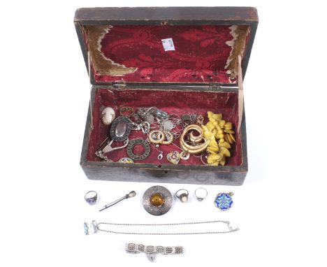 A collection of miscellaneous costume and silver jewellery. Including; a silver and blue enamelled 'rose' quatrefoil pendant,