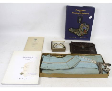 An assortment of Mayor of Bath masonic regalia. Comprising a brown leather bag marked 'Bro. R. W. Pearson, Royal Albert Edwar