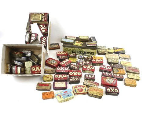 A collection of vintage tins. Including 'OXO Cubes', 'Dalmaplast Wound Dressing', etc.