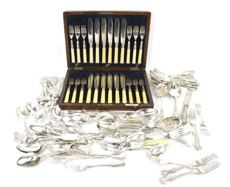 An assortment of silver plated flatware. Including a W. Mansell 12-piece fish canteen with silver collared handles, in a wood