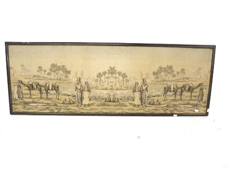 An antique tapestry. Woven with a scene of camels and women beside a lake, a palace in the middle, 48.5cm x 145cm, in a woode