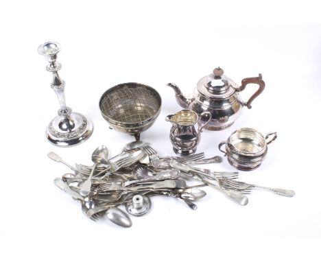 A silver plated round three piece tea service and other items. Including; a round candlestick with floral embossed bands; a r