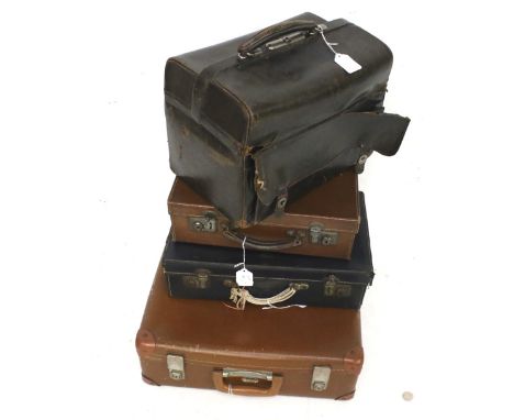 Three vintage leather suitcases and a doctor's bag. The doctor's bag with a green lined interior and handle to the top, L34cm